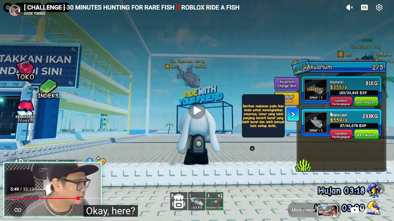 Aquarium panel with Feed buttons and an in-game feeding explanation