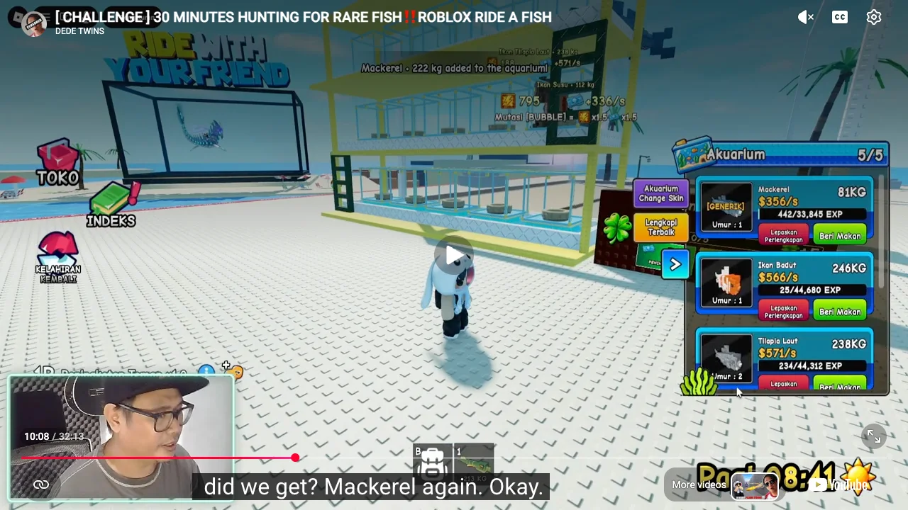 Recorded Ride A Fish aquarium panel at five of five occupied fish positions