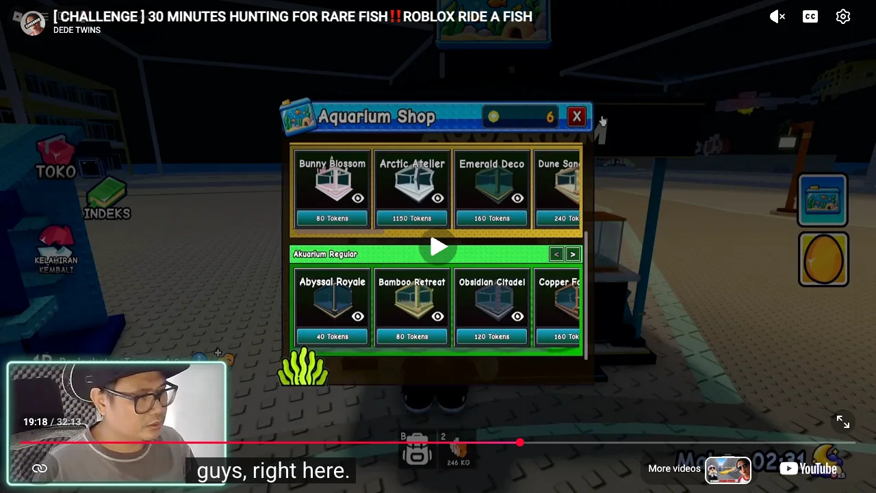 The Aquarium Shop with named skin cards, a Token balance and Token price buttons