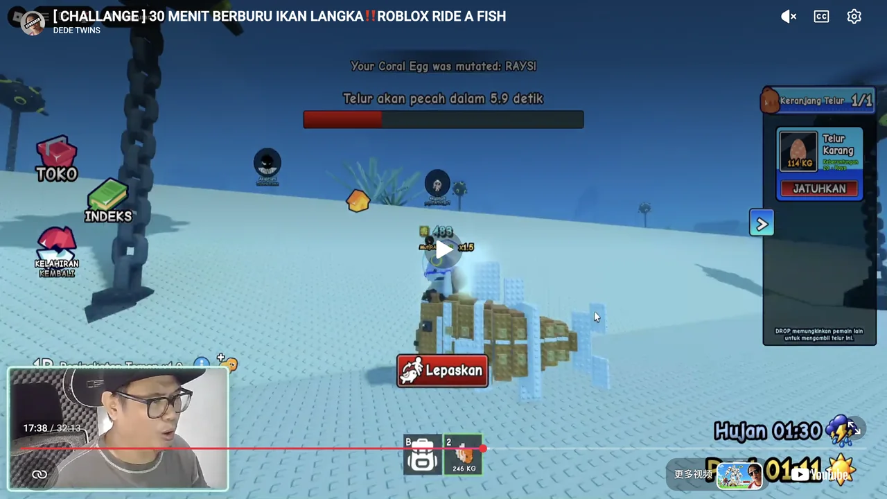 Actual Ride A Fish gameplay with a Rays label on the carried Coral Egg during rain