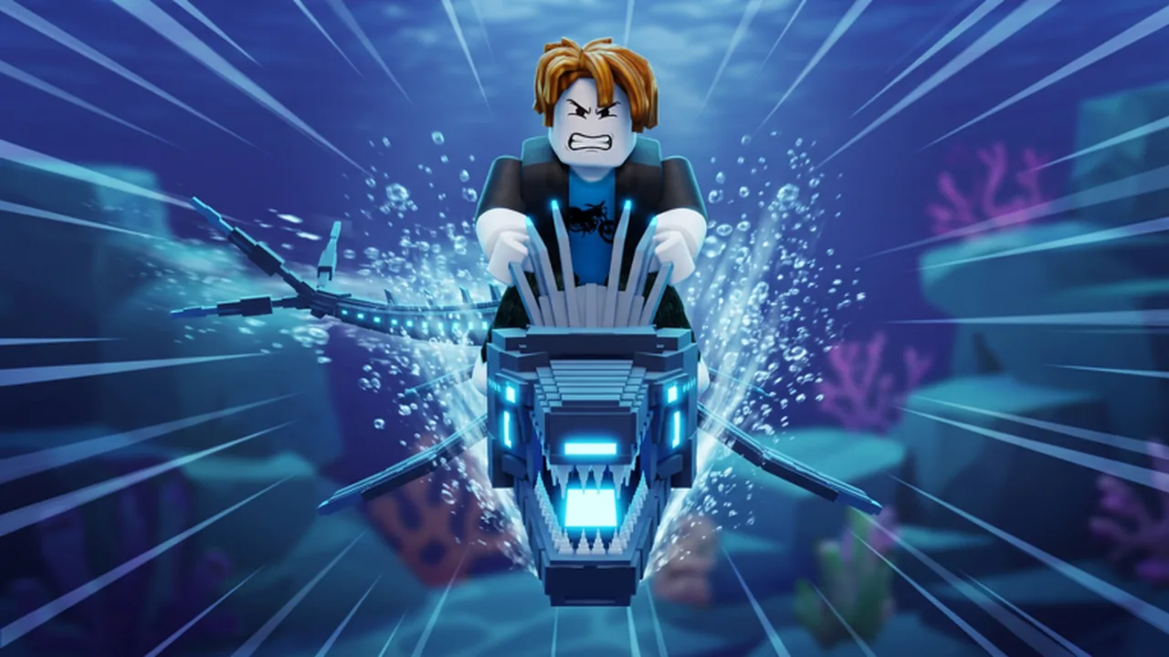 Official Ride A Fish artwork showing a Roblox avatar riding a cyan mechanical fish